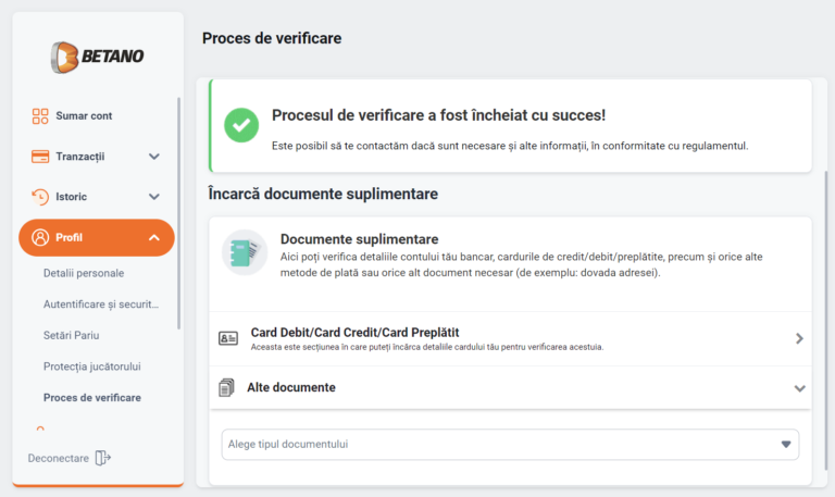 Betano verificare - trimiterea documentelor pentru validare cont