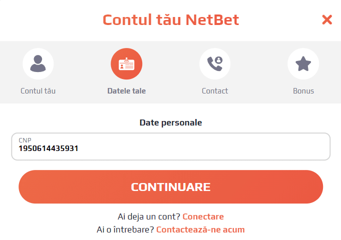 CNP pentru creare cont NetBet
