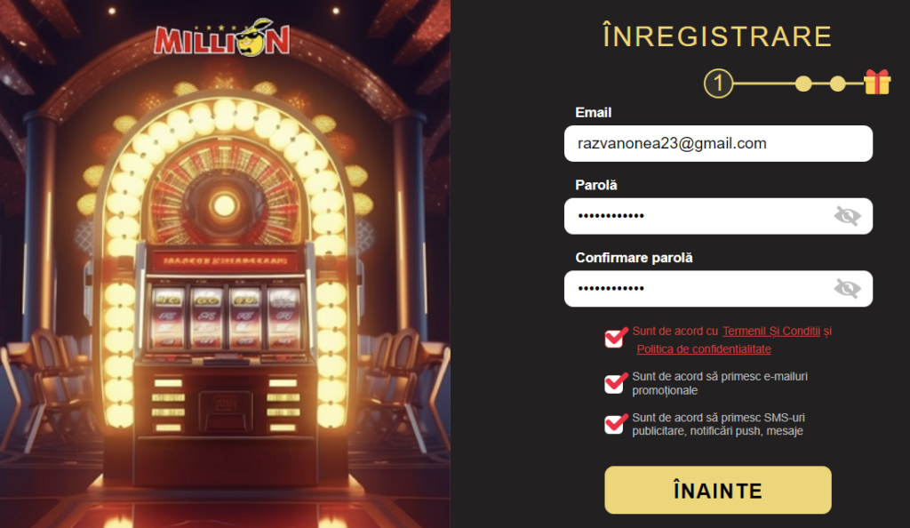 Pasul 1 de creare cont Million Casino