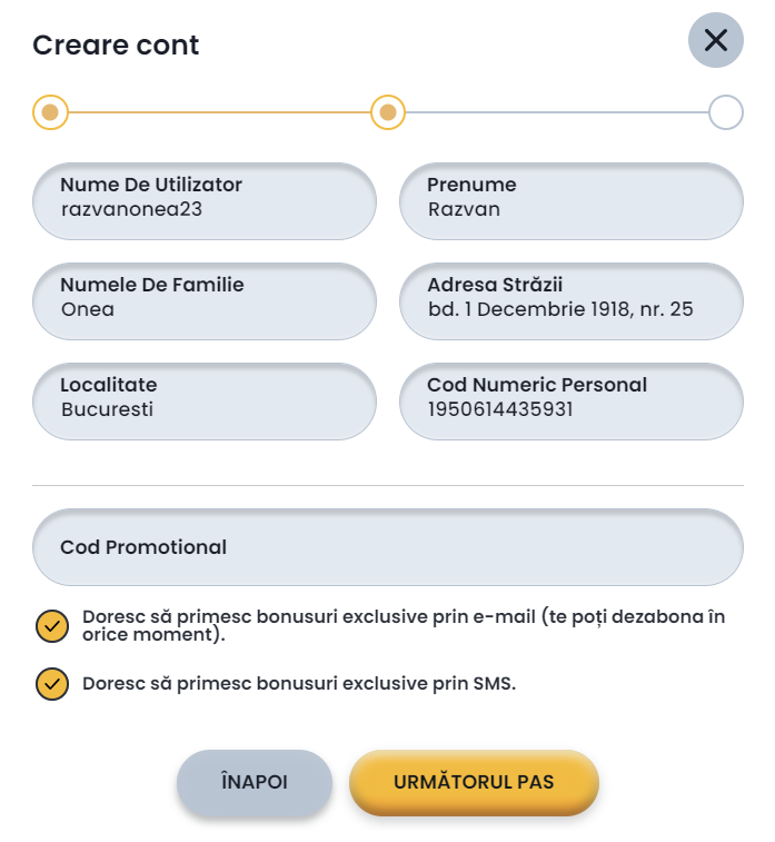 Pasul 2 de inregistrare Spin Casino - informatii personale