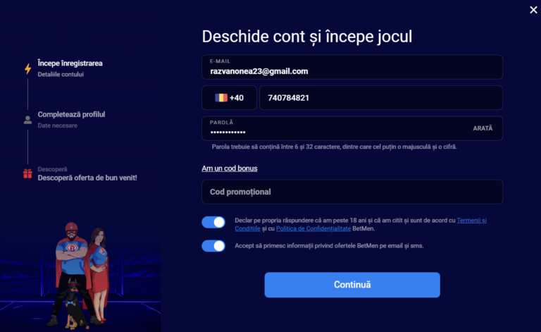 Pasul 1 de inregistrare la BetMen - telefon, e-mail, parola