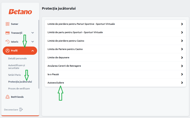 Tutorial de auto-excludere la Betano - Pasul 2